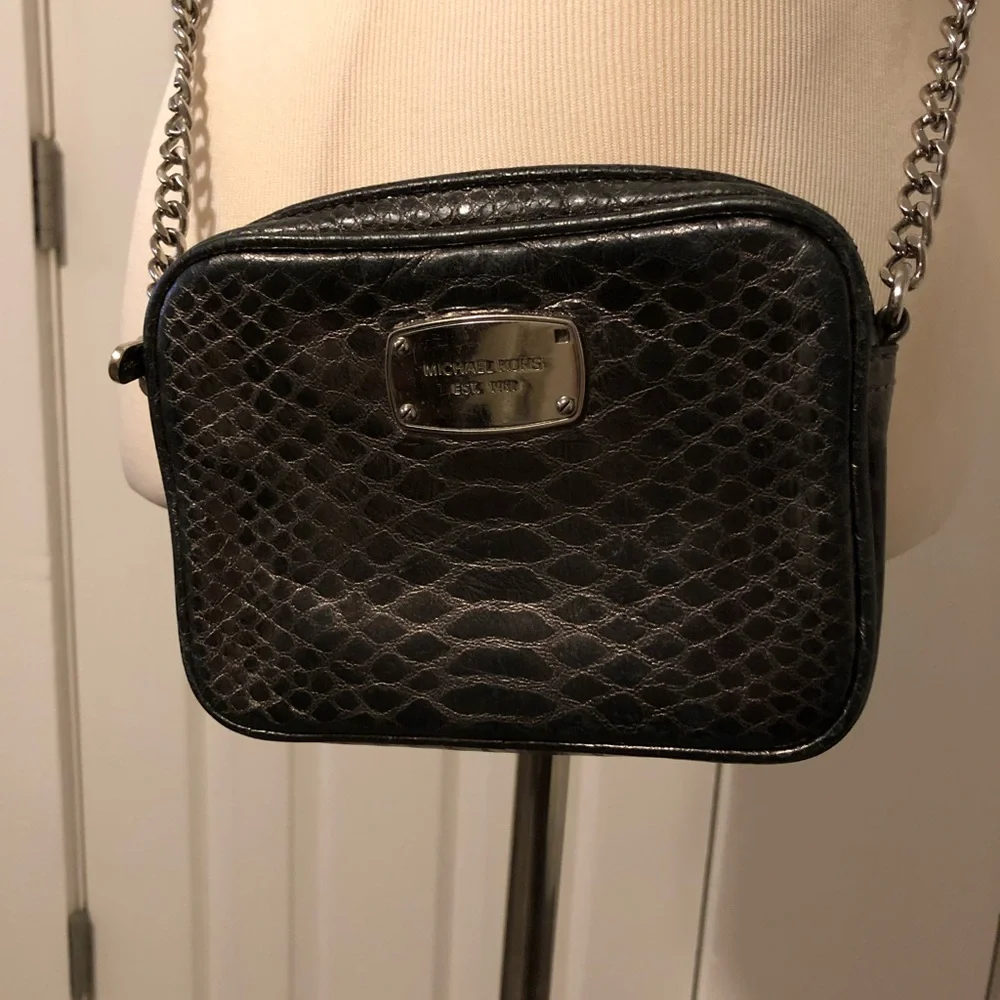 Michael Kors Black Faux Snakeskin Crossbody Bag with Silver Chain